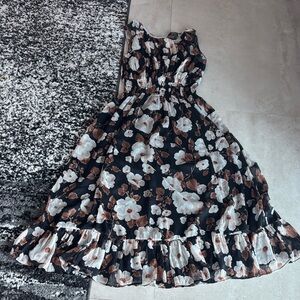 Abercrombie & Fitch Black Brown Sheer Layer Ruffle Floral Midi Dress